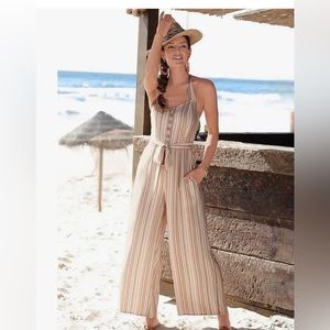 Halter striped belted jumpsuit
